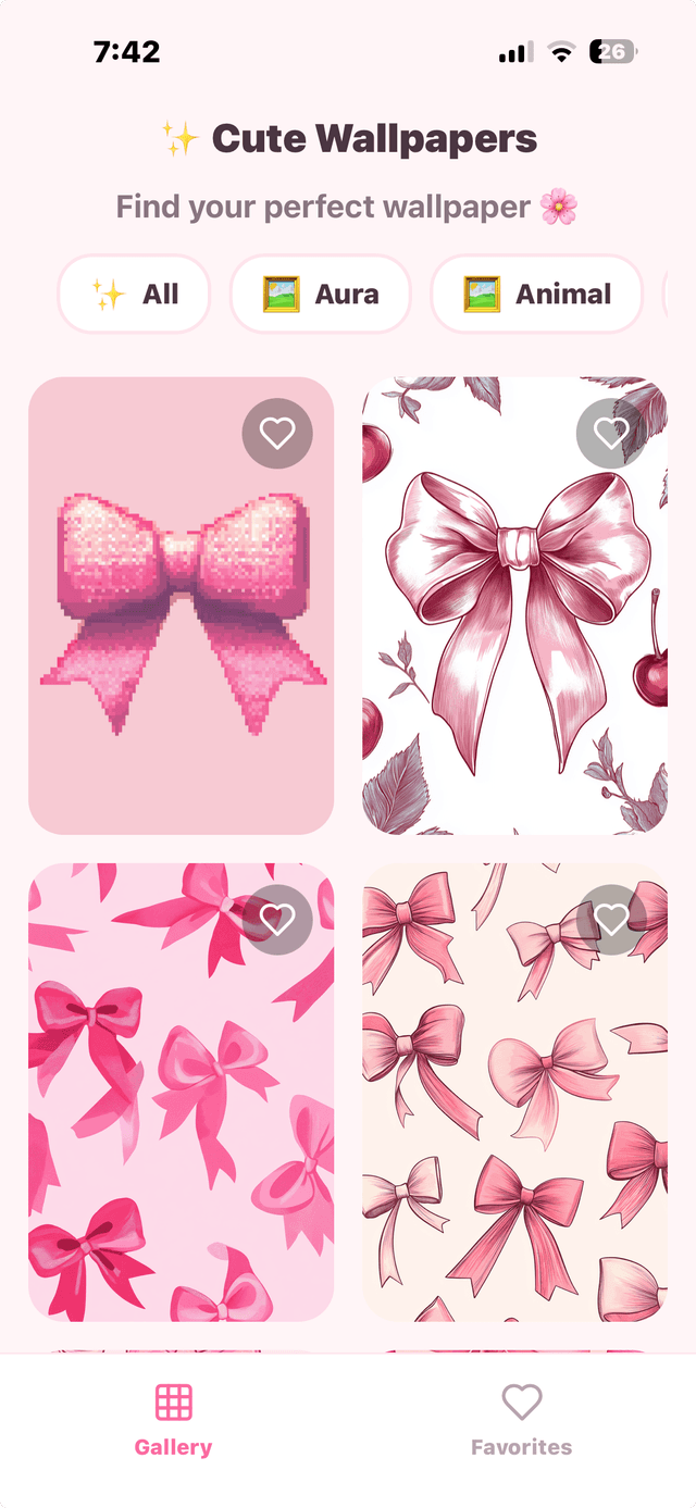 Cute Wallpapers app screenshot showing gallery of adorable bow wallpapers